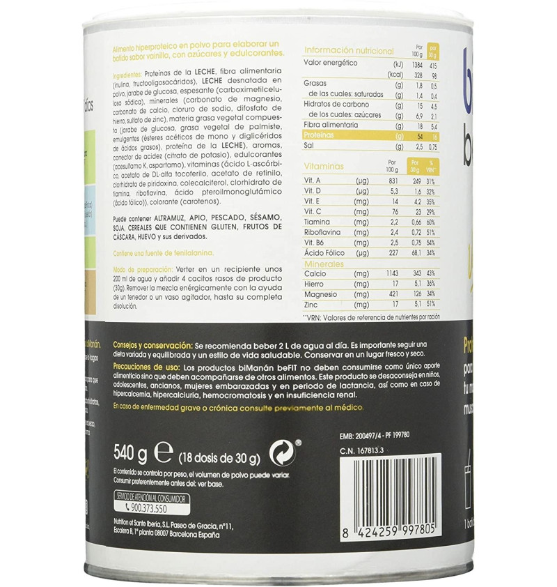Bimanan Befit Proteina Batido (1 Envase 540 g Sabor Vainilla) - Nutricion Sante