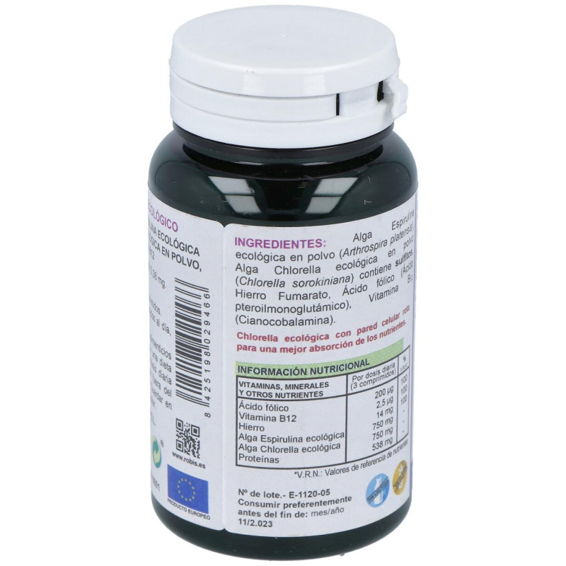 Espirulina+chlorella +ácido Folico+hierro+b12 90comp - Robis