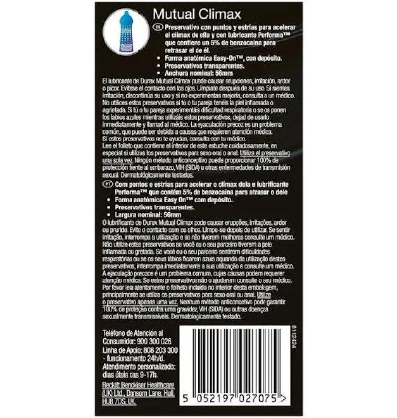 Durex Mutual Climax - Preservativos (12 Unidades) - Reckitt Benckiser