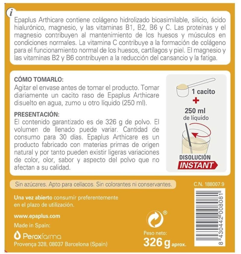 Epaplus Colageno + Silicio + Hialuronico - + Magnesio Polvo (1 Envase 326,86 g Sabor Vainilla) - Peroxfarma