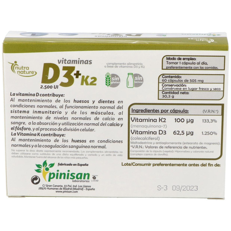 Nutra Nature Vitaminas D3 + K2 60caps - Pinisan