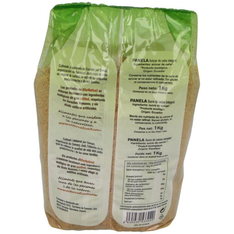 Alternativa3 Bio Azúcar de Caña Panela de Ecuador 1kg - Alternativa 3