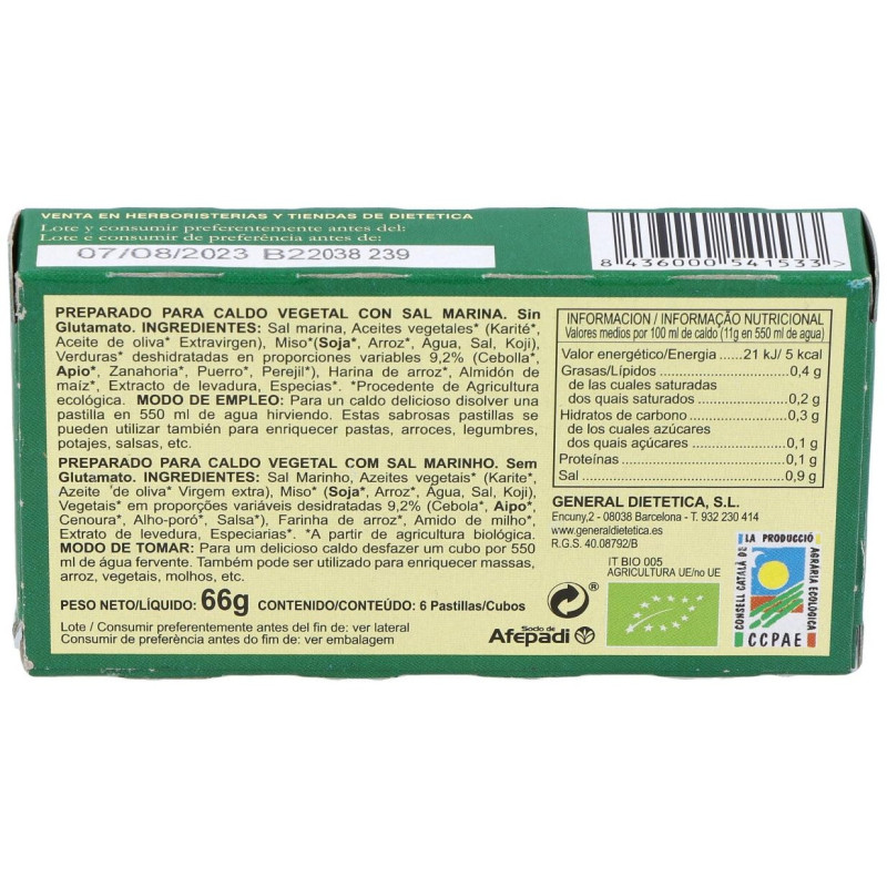 Caldo Vegetal Eco con Sal Marina Natural 6pastilla - Integralia