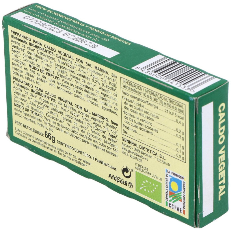 Caldo Vegetal Eco con Sal Marina Natural 6pastilla - Integralia