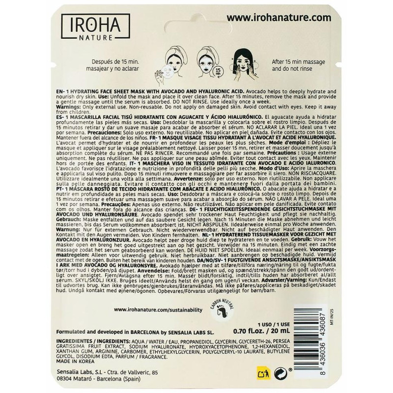 Mascarilla Facial Tisú Hidratante Aguacate 20ml - Iroha Nature