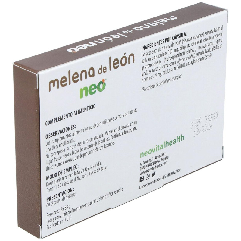 Neovital Health Neo Melena de León Suplemento para Beneficiar al Sistema Digestivo y Nervios 60 Cápsulas - Neovital