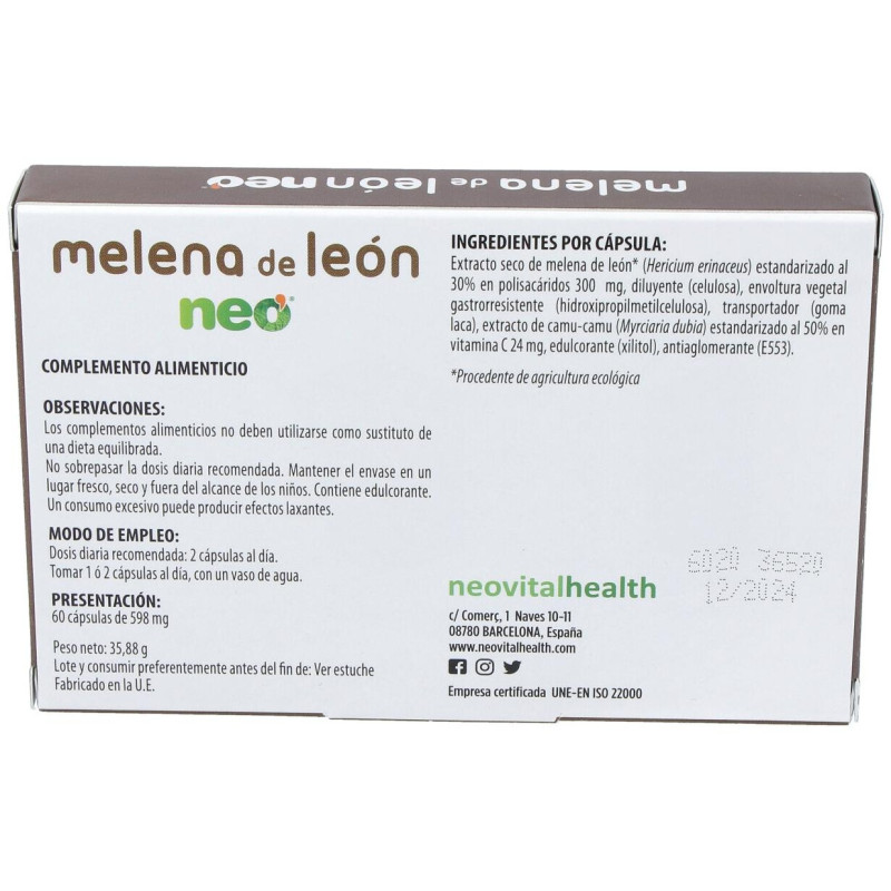 Neovital Health Neo Melena de León Suplemento para Beneficiar al Sistema Digestivo y Nervios 60 Cápsulas - Neovital