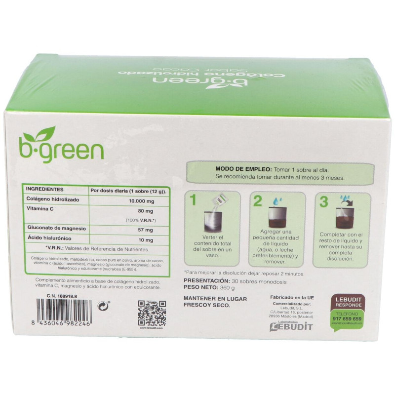 B Green Colágeno Hidrolizado Cacao 30 Sobres