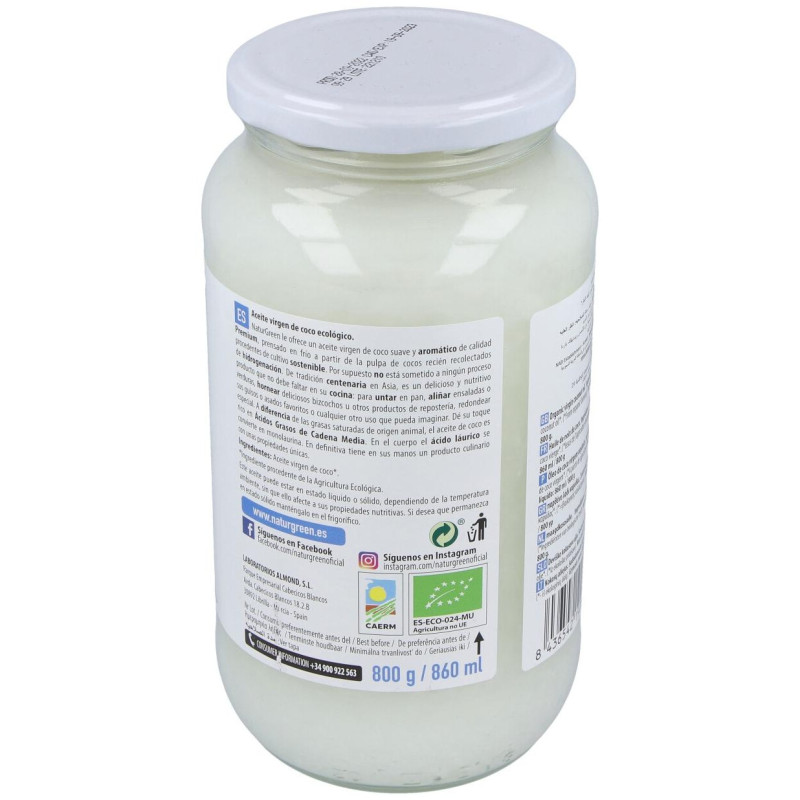 Aceite Virgen de Coco 1ª Presion Frio 800gr. Bio - Naturgreen