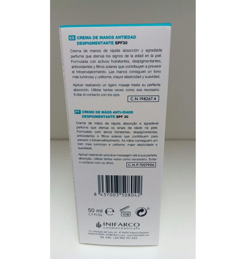 Hidrotelial Crema Manos Antiedad Despigmentante - Spf 30 (1 Envase 50 ml) - Inifarco