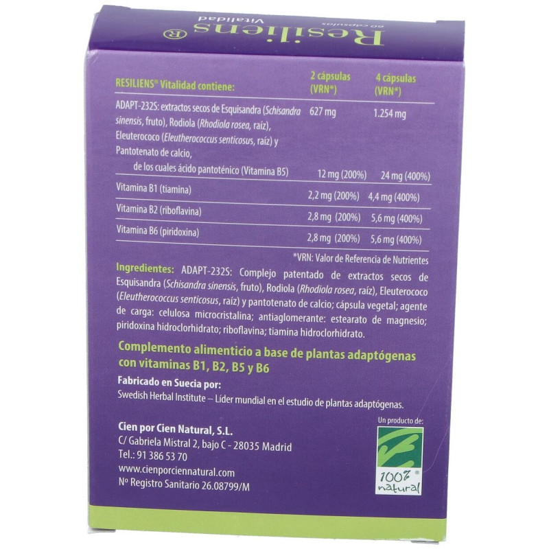 100% Natural Resiliens Vitalidad 60 Cápsulas - Cien por Cien Natural