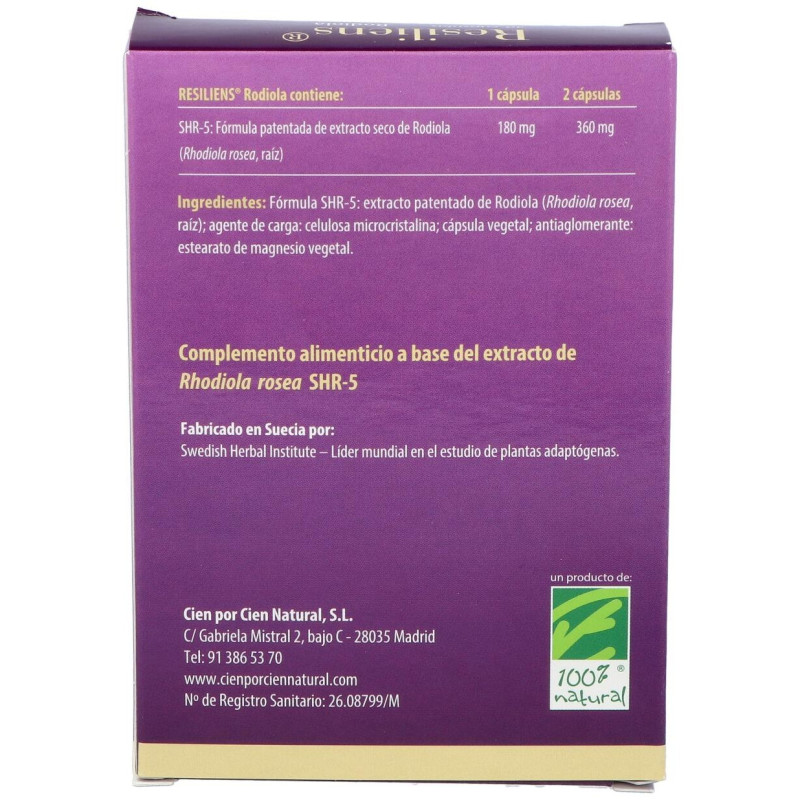 100% Natural Resiliens Rodiola 40 Cápsulas - Cien por Cien Natural