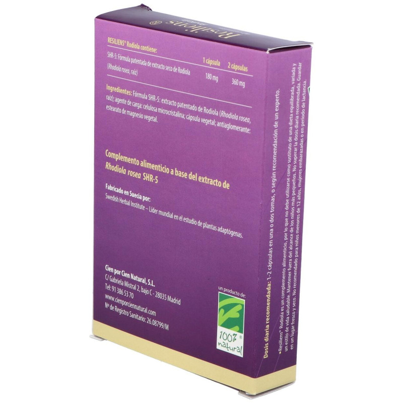 100% Natural Resiliens Rodiola 40 Cápsulas - Cien por Cien Natural