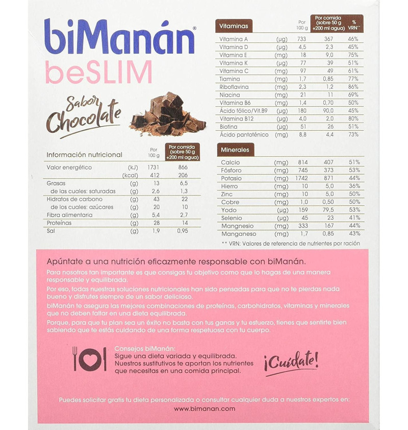 Bimanan Beslim Sustitutivo Batido (6 Sobres 50 g Sabor Chocolate) - Nutricion Sante