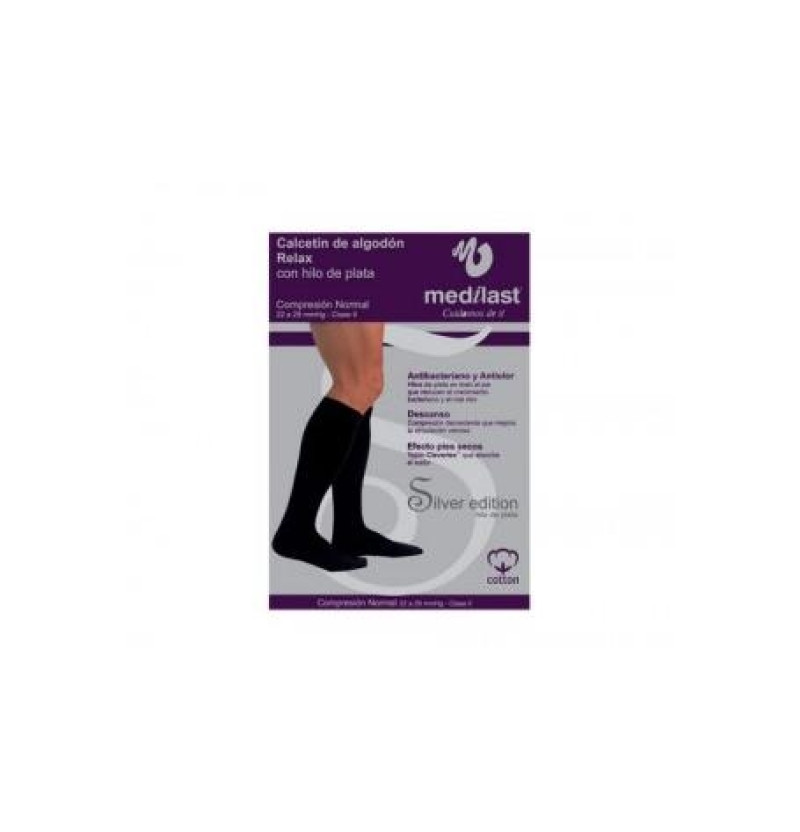 Calcetin Compresion Normal Algodon Color Negro - Medilast Silver Edition Hilo De Plata, Talla Pequeña - Medilast