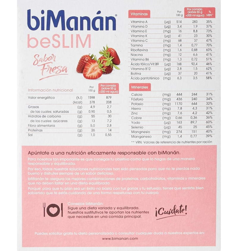 Bimanan Beslim Sustitutivo Batido (6 Sobres 55 g Sabor Fresa) - Nutricion Sante