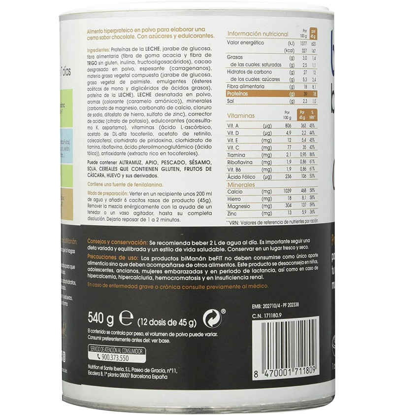 Bimanan Befit Proteina Crema (12 Dosis 540 g Sabor Chocolate) - Nutricion Sante