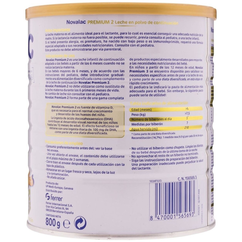 Premium 2 Leche Continuación +6m 800g - Novalac