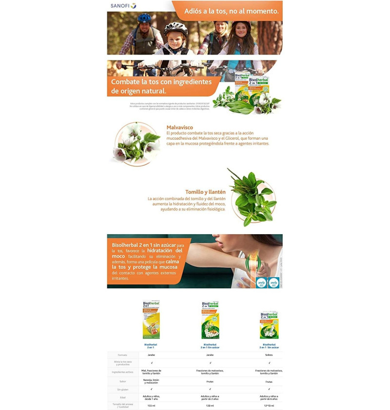 Bisolherbal 2 en 1 Malvavisco, Tomillo y Llanten (1 Envase 120 ml) - Sanofi