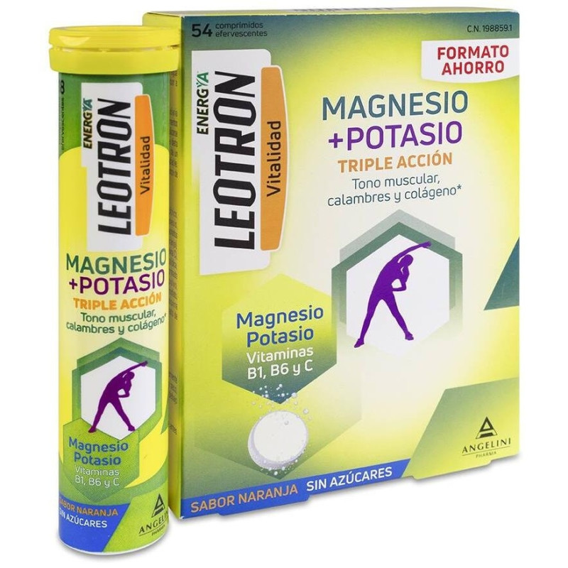 Energía Magnesio + Potasio Triple Acción Comprimidos Efervescentes Naranja 54 u - Leotron