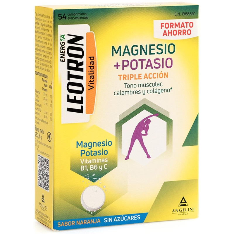 Energía Magnesio + Potasio Triple Acción Comprimidos Efervescentes Naranja 54 u - Leotron