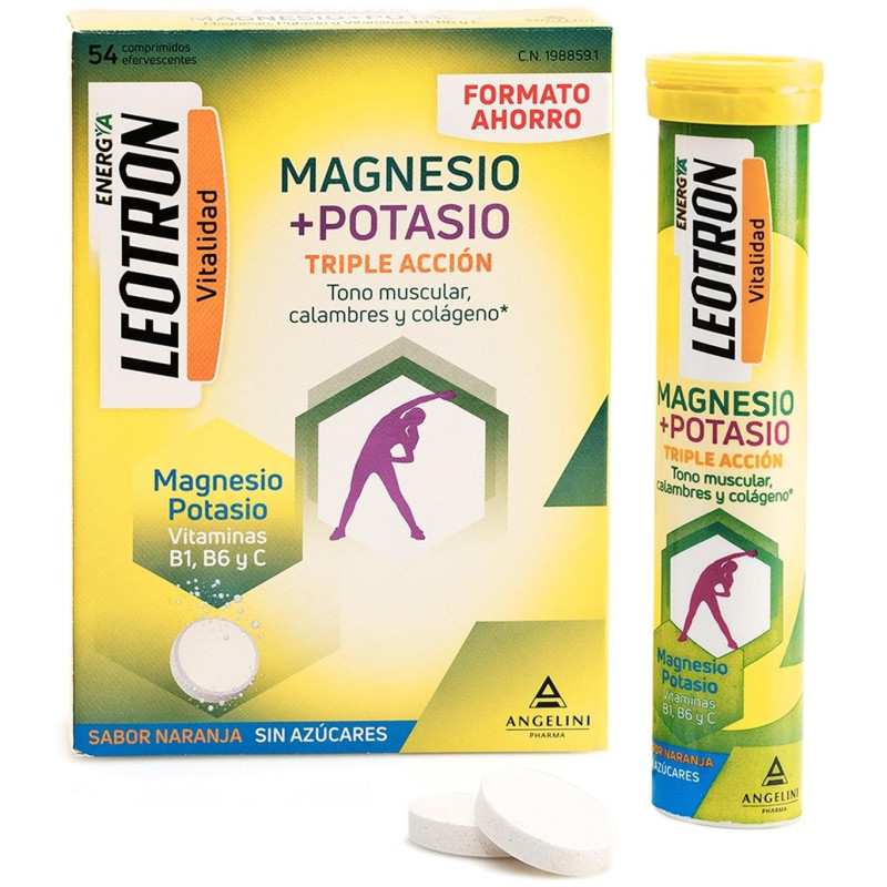 Energía Magnesio + Potasio Triple Acción Comprimidos Efervescentes Naranja 54 u - Leotron