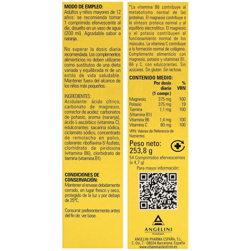 Energía Magnesio + Potasio Triple Acción Comprimidos Efervescentes Naranja 54 u - Leotron