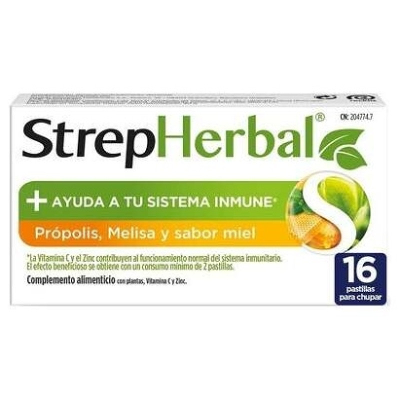 Strepherbal Propolis y Melisa + Vitamina C y Zinc Miel 16 Pastillas - Welnia