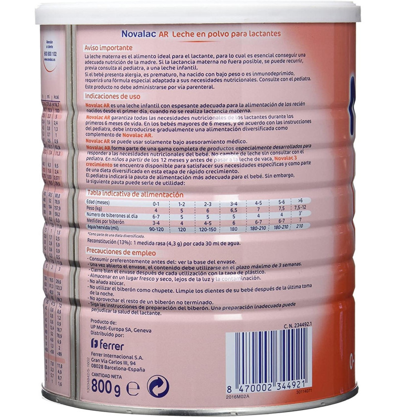 Novalac Ar Leche Para Lactantes (1 Envase 800 G)