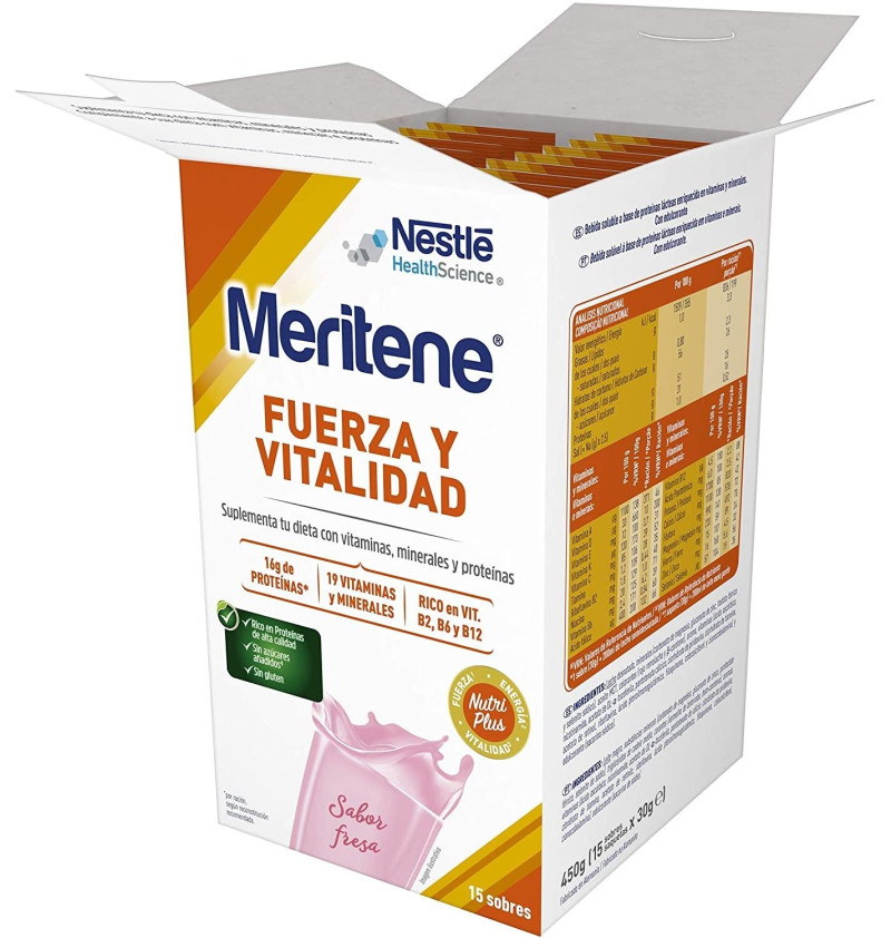 Meritene Fuerza y Vitalidad Batido (15 Sobres 30 g Sabor Fresa) - Nestlé