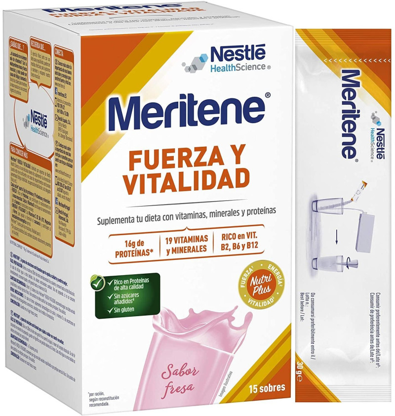 Meritene Fuerza y Vitalidad Batido (15 Sobres 30 g Sabor Fresa) - Nestlé