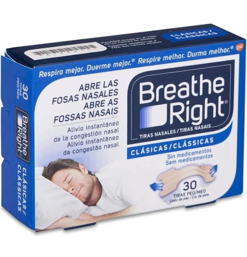 Breathe Right Clasicas - Tira Adh Nasal (30 Unidades Talla Pequeña-Mediana)