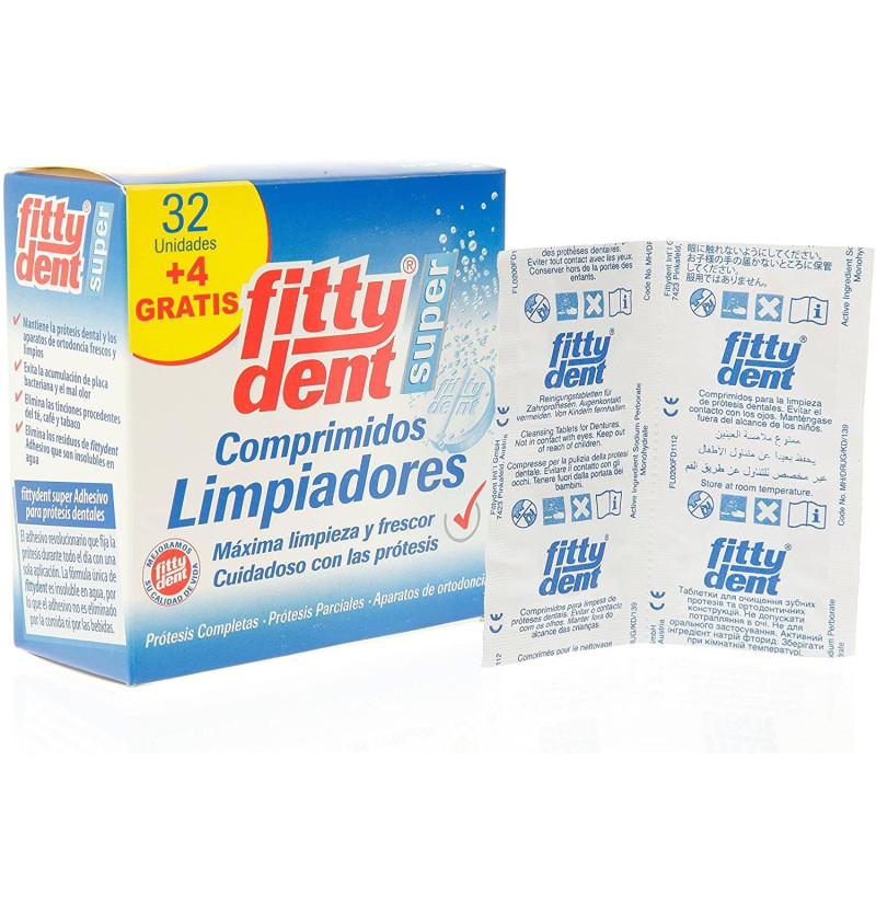 Fittydent Super Comprimidos - Limpieza Protesis Dental (32 + 4 Comprimidos) - Phb