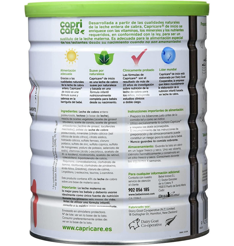 Capricare 1 Preparado Lactantes - Leche de Cabra (1 Envase 800 g) - Bebeinnova