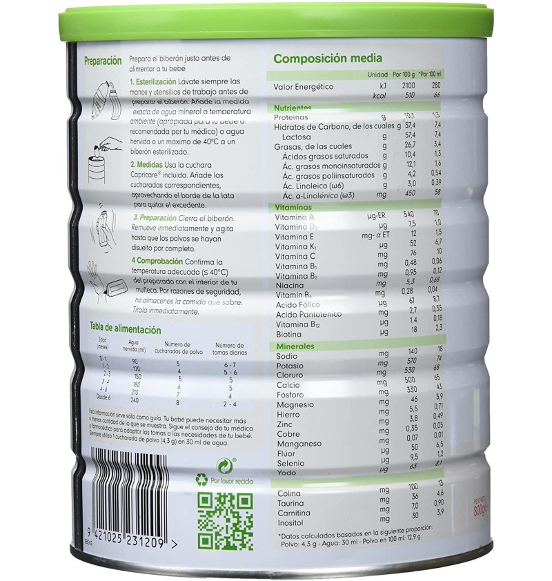 Capricare 1 Preparado Lactantes - Leche de Cabra (1 Envase 800 g) - Bebeinnova