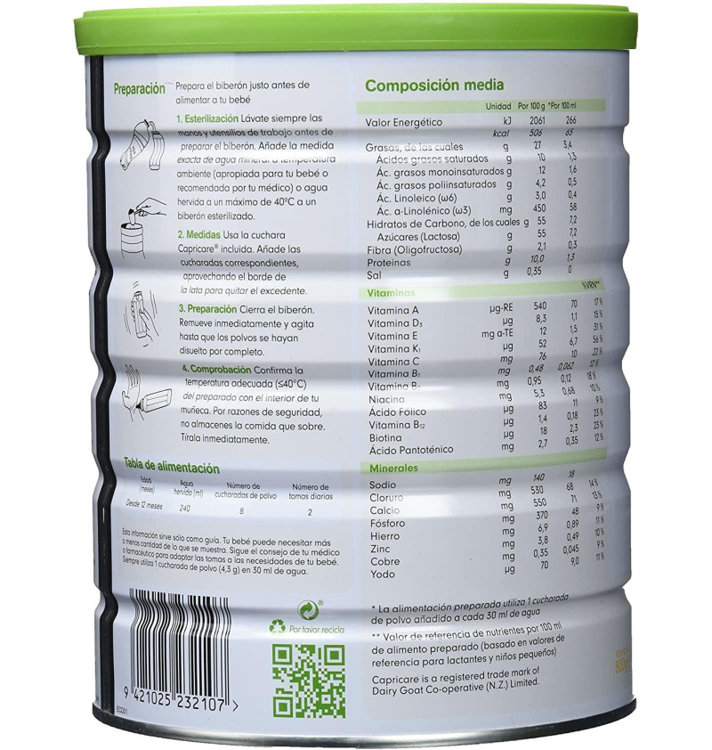 Capricare 3 Leche de Crecimiento Desde 12 Meses - Leche de Cabra (1 Envase 800 g) - Procter&gamble España S.a