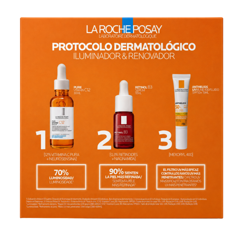 Protocolo Iluminador & Renovador: Pure Vitamin C12 Serum, 30ml + Retinol B3 Serum, 10ml + Anthelios UVmune 400 Fluido SPF50+, 15ml. - La Roche Posay 