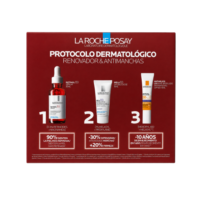 Protocolo Renovar & Antimanchas : Retinol B3 Serum, 30ml + Mela B3 Doble Dose, 15ml + Anthelios UVmune 400 Fluido Antimanchas SPF50+, 15ml. - La Roche Posay 