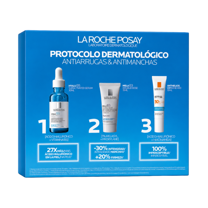 Protocolo Antiarrugas & Antimanchas : Hyalu B5 Suractivated , 30ml + Mela B3 Doble Dose, 15ml + Anthelios UVair SPF50+, 15ml. - La Roche Posay 