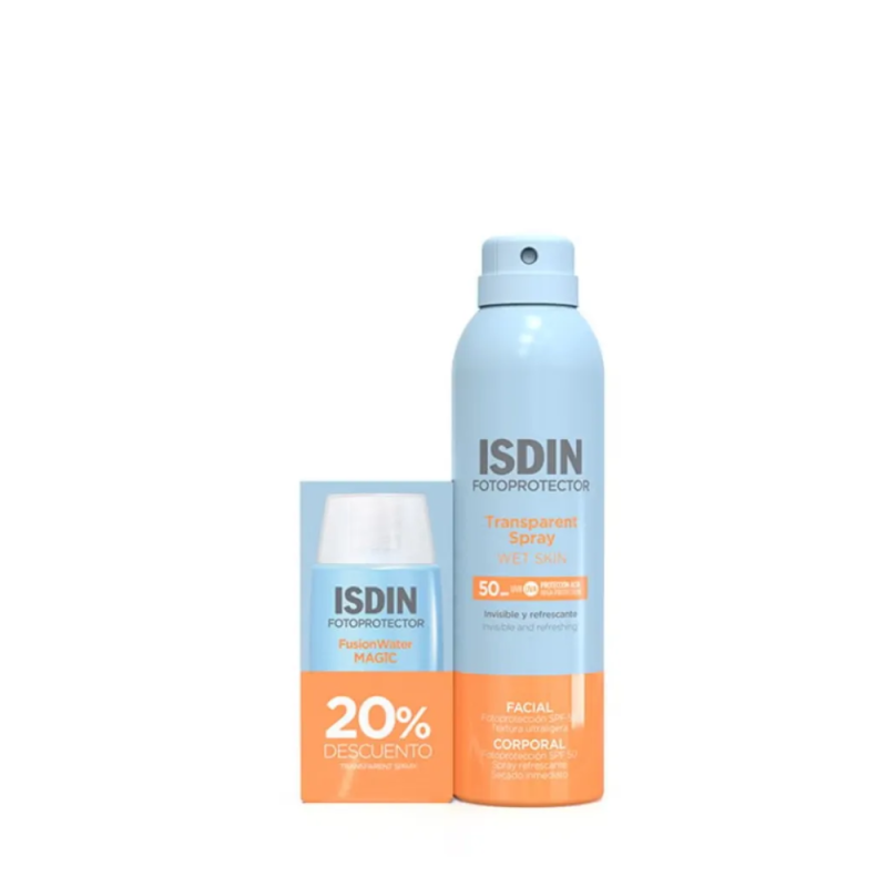 Pack Travel Fusion Water Magic SPF50+ 50 ML + Transparent Spray Wet Skin SPF50 250,ml. – ISDIN
