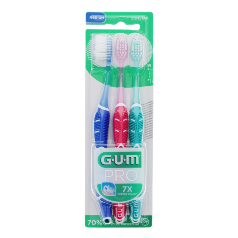 GUM Pro Trío de Cepillos de Dientes, Dureza Media, 3 ud. - Sunstar