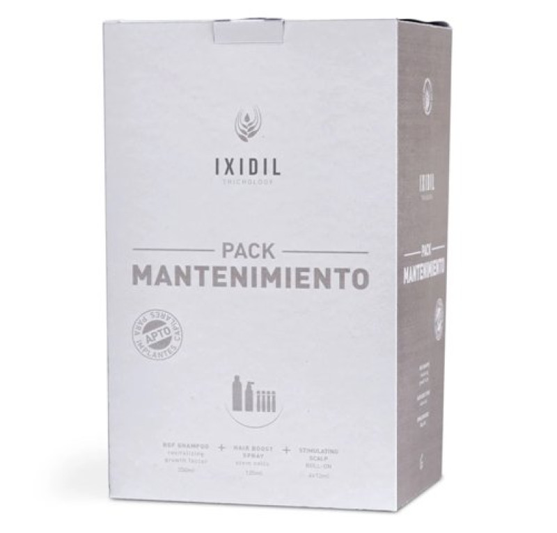 IXIDIL Pack Mantenimiento Acelerador del Crecimiento, RGF Champú Revitalizante con Factores de Crecimiento, 250 ml + Spray Refuerzo Capilar con Células Madre, 125 ml+ Roll-on Estimulador Cuero Cabelludo, 4 x 12 ml . - Ixidil