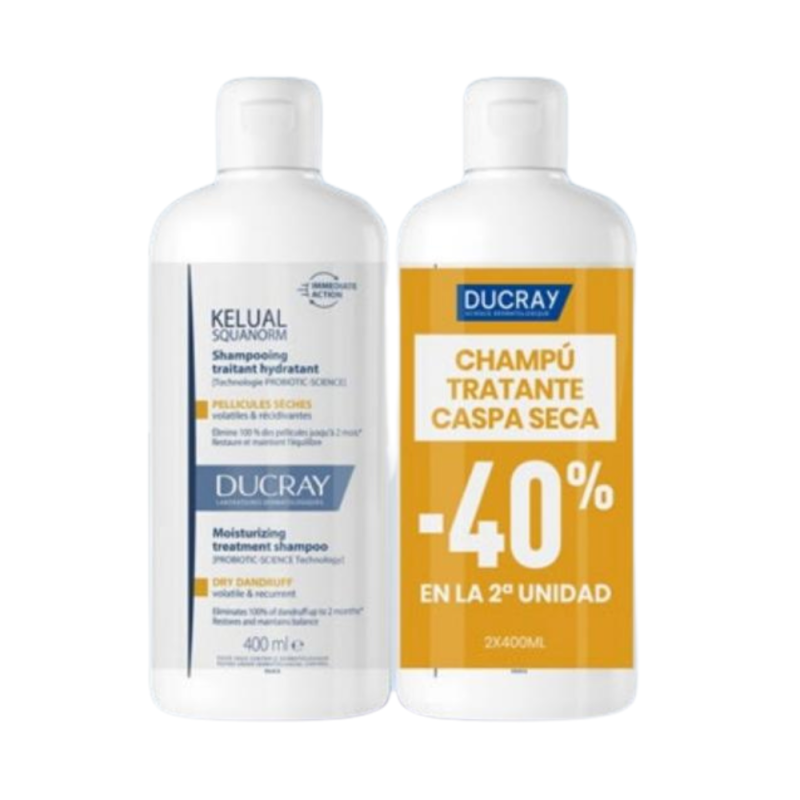 PACK DUPLO Kelual Squanorm Champú Tratante Anticaspa - Caspa seca, 400 ml + 400 ml.- Ducray